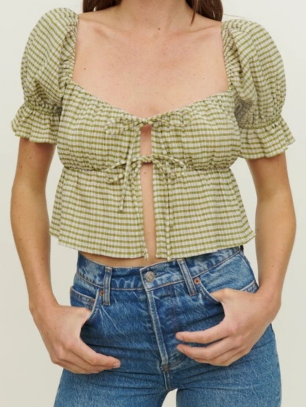 Reformation Lena Top in Green Check Size 6